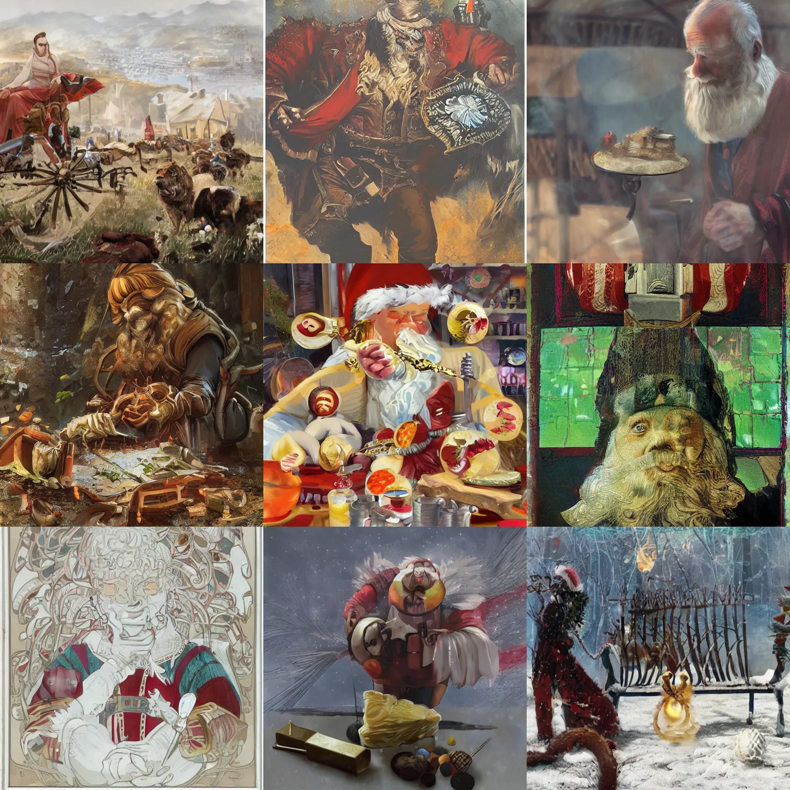 Prompt: ultra realistic illustration, santa claus with a cheese board, intricate, elegant, highly detailed, digital painting, artstation, concept art, smooth, sharp focus, illustration, art by artgerm and greg rutkowski and alphonse mucha