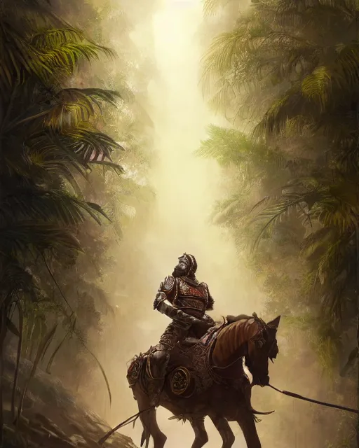 Image similar to ultra realistic illustration of a spanish conquistador wearing ornate armor and riding a horse in a dense foggy jungle environment by artgerm and and greg rutkowski and studio ghibli, octane, studio ghibli color scheme, intricate, portrait, anatomy, artstation, cinematic lighting, sharp focus, portrait, tarot card