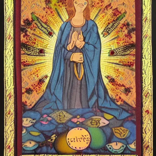 Prompt: mette frederiksen as a holy saviour, tarot, tapestry