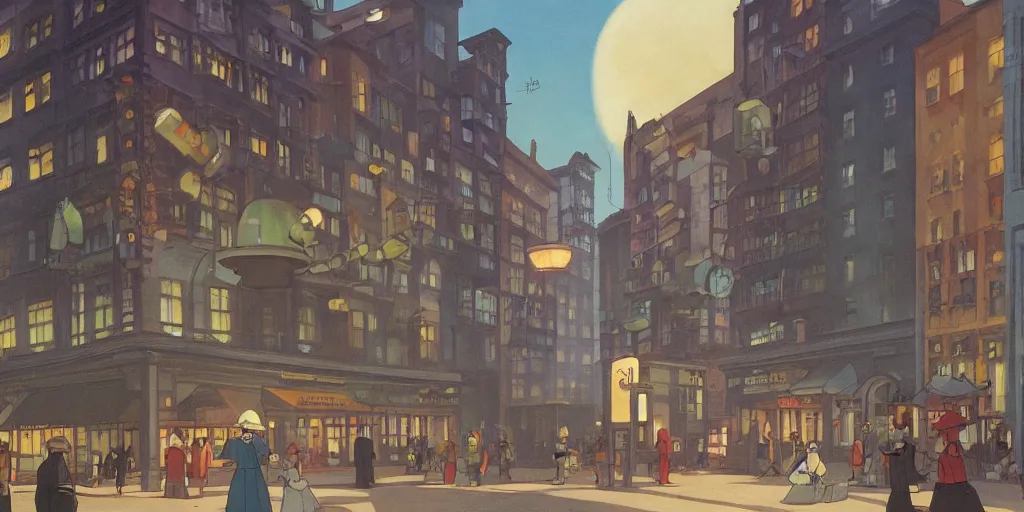 Prompt: A radiant atomic generator building lights up a city square, dieselpunk, by Studio Ghibli and Edward Hopper