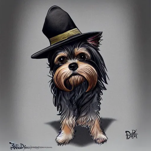 Image similar to detective yorkshire terrier wearing a fedora, disney eyes, in a dark alley, by D&D Concept Artists