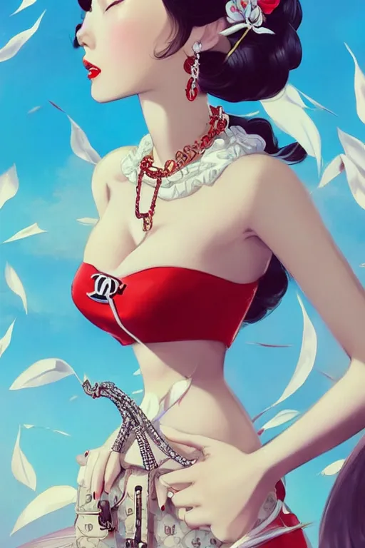 Image similar to a vintage pin up and beautiful fashion dreamlke japan girl with lv jewelry, character art, art by artgerm and wlop and and ilya kuvshinov, hyperdetailed, 8 k realistic, symmetrical,, frostbite 3 engine, cryengine, dof, trending on artstation, digital art, chanel, dior, fantasy background