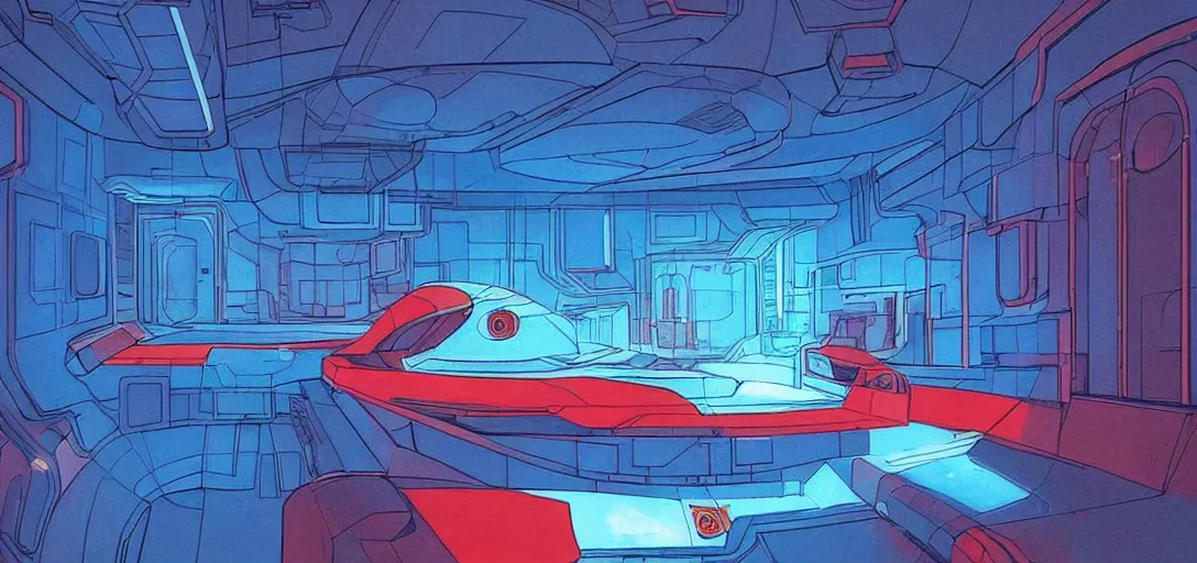 Prompt: “A capsule-shaped spaceship inside a dark room, on each side of the wall there are empty capsules, the capsules glow with a blue and red light, the room is very long and reaches to the horizon.**,** in the graphic style of Patrick Gleason, detailed art, artstation, comic art ”