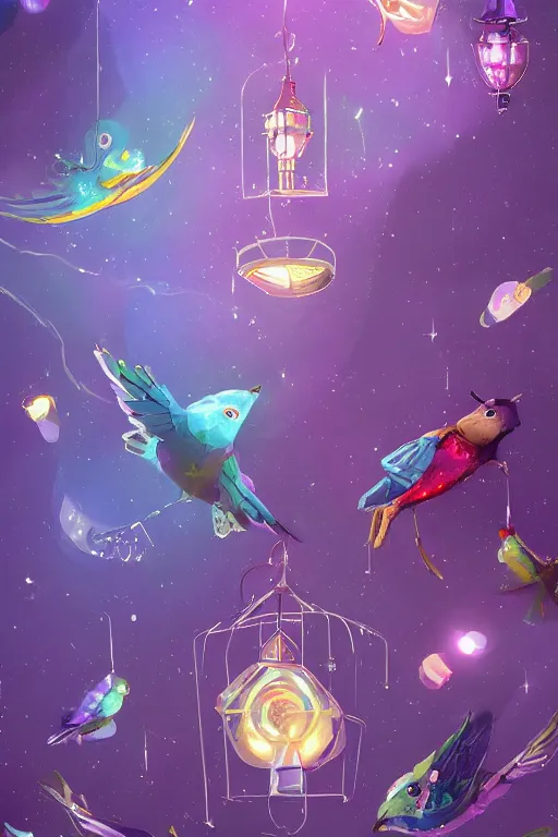 Prompt: purple space racoon, colorful birds flying. Magical lanterns and chandeliers. Fantastical, detailed digital art trending in artstation