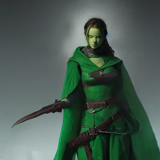 Image similar to an portrait of an hunter woman with a green cape and hoodie on, Matte painting , detailed painting, greg rutkowski