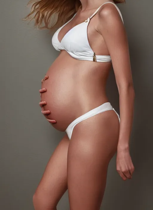 Image similar to cinematic photography of pregnant taylor swift in a white bikini, intricate, elegant, highly detailed, smooth, sharp focus, symmetrical face, fine details, masterpiece, trending on artstation, 4 k hdr 3 5 mm photography