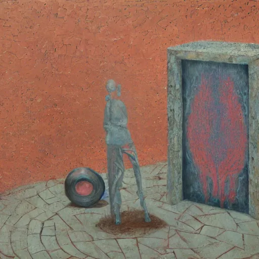 Image similar to a detailed, impasto painting by shaun tan and louise bourgeois of an abstract forgotten sculpture by ivan seal and the caretaker, alzheimers