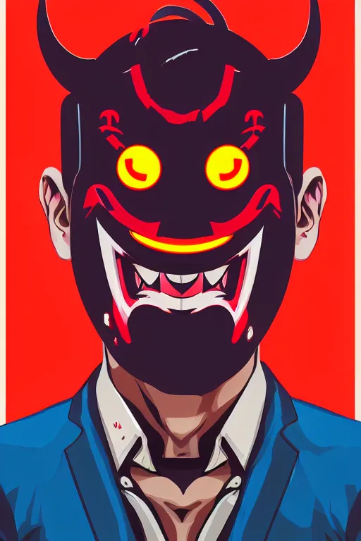 Prompt: guy with japan devil mask, pop art, pixel, gta vice city style, glowing lights, face features, ultrarealistic details, digital painting, trending artstation, concept art, smooth, sharp focus, illustration, intecration details, art by mark millar and richard hamilton and mimmo rottela, kirokaze and paul robertson