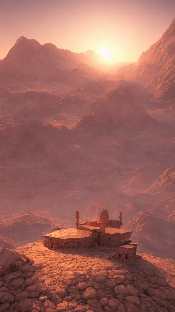 Prompt: a mosque on top of mount sinai, concept art, serene, artstation, golden hour