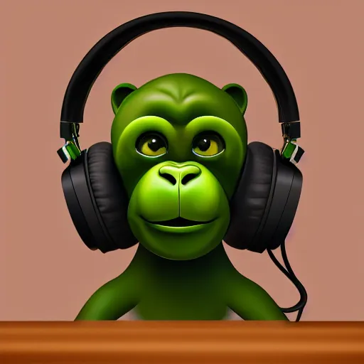 Image similar to a high quality photo of a green chimp wearing headphones, realism, 8k