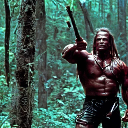 Prompt: arnold schwarzenegger in predator ( 1 9 8 7 ), 8 k wide shot