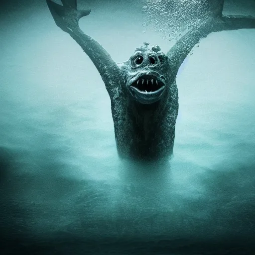 Image similar to sea monster about to eat pov underwater, pale skin, dark yellowish water, foggy water, dark, dramatic,'silent hill ', big eyes, alluring and terrifying, cinematic