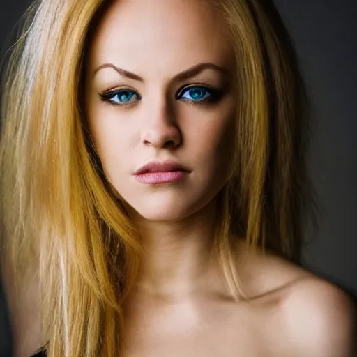 Image similar to A beautiful woman with blonde hair and green eyes and a big forehead, full body portrait, highly detailed, excellent composition, dramatic lighting, realistic 4k