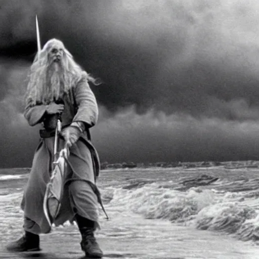 Prompt: film still of Gandalf storming Normandy beach, still from Saving Private Ryan