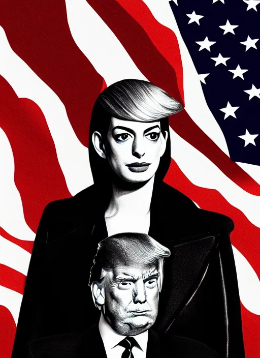 Prompt: the mogul, anne hathaway portrays united states president donald trump, 8 0's movie poster, theatrical poster, vibrant fan art, digital art, trending on artstation, minimalist