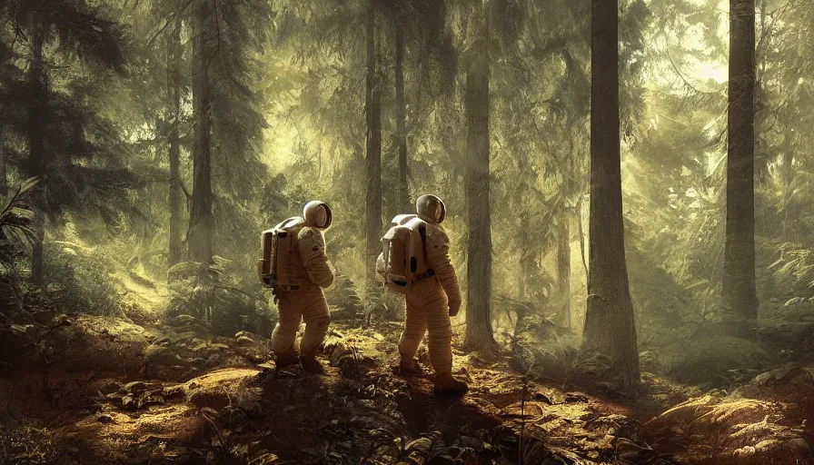 Image similar to american astronaut in the forest, plants environment, wide angle, cinematic lighting, atmospheric, realistic, octane render, highly detailed, in the style of craig mullins