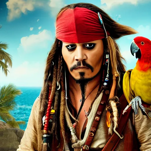 Image similar to jack sparrow with a parrot on the shoulder, realistic portrait, 8k resolution, hyper detailed, studio lighting, cinematic