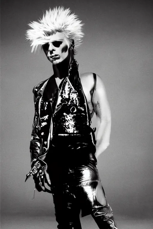 Image similar to portrait billy idol dressed in 1 9 8 1 space fantasy fashion, new wave, minimal, shiny metal, standing in a desert