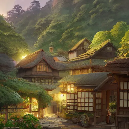 Prompt: concept art painting of a cozy village in a mountainous forested valley, historic english and european and japanese architecture, realistic, detailed, cel shaded, in the style of makoto shinkai and greg rutkowski and james gurney