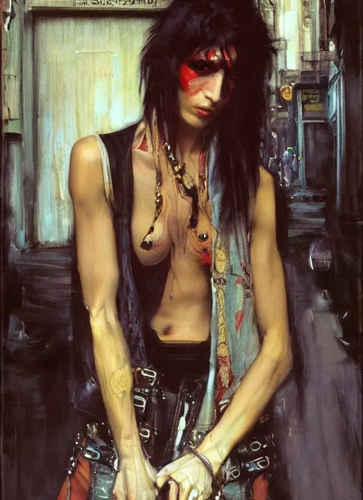 Image similar to androgynous glam rocker outside cbgb in the style of phil hale, sfumato Orientalist portrait by john william waterhouse and James Gurney and Theodore Ralli and Nasreddine Dinet, oil on canvas. Cinematic, hyper realism, realistic proportions, dramatic lighting, high detail 4k