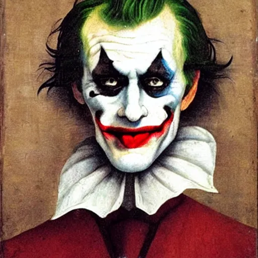 Image similar to a renaissance style portrait painting of The Joker