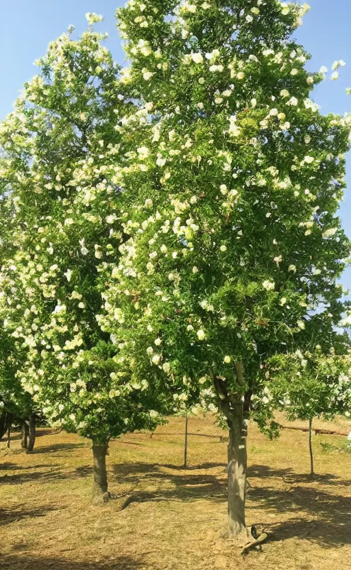 Prompt: flower sized trees and tree sized flowers