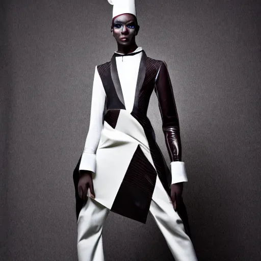 Prompt: a model smooth bent arms dressed in a tasteful avant garde fashion outfit ensemble, ibrahim kamara fashion editorial photo, sharp focus dynamic light