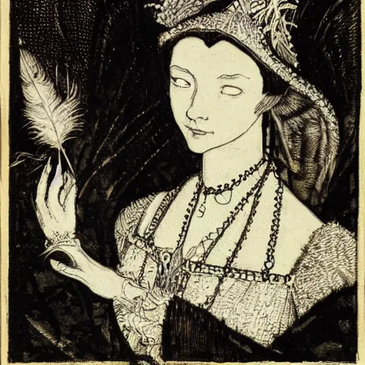 Prompt: Anne Boleyn transforming into a bird, avian, feathers, she is sad, in the style of Arthur Rackham