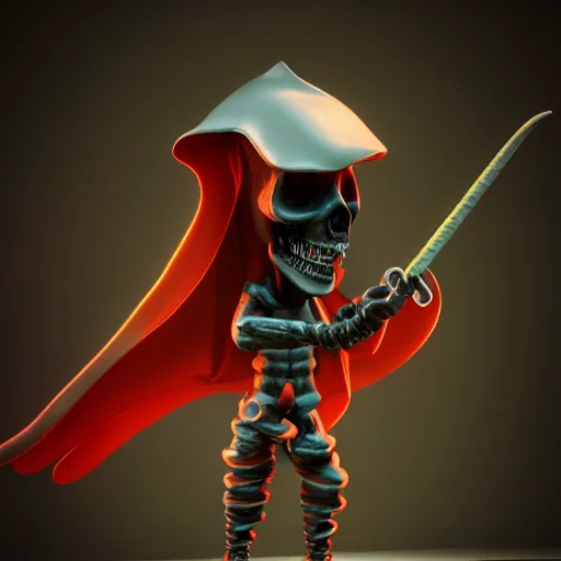 Image similar to candypunk grim reaper, character design, high quality digital art, render, octane, redshift, volumetric lighting, oled