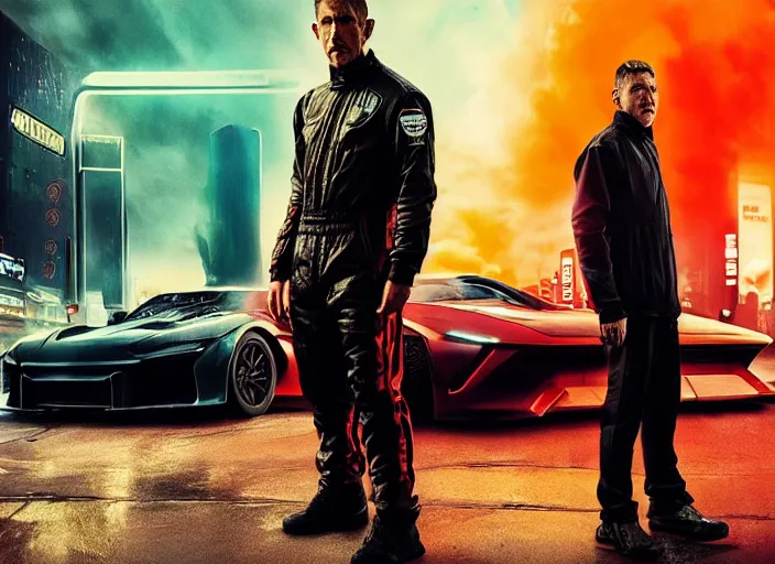 Prompt: Bladerunner 2049 intimidating street racer standing next to his red car wearing black fire suit race suit night time Bladerunner 2049 RTX 45mm wide angle photo RX7 NSX G-TR cinematic movie still aesthetic