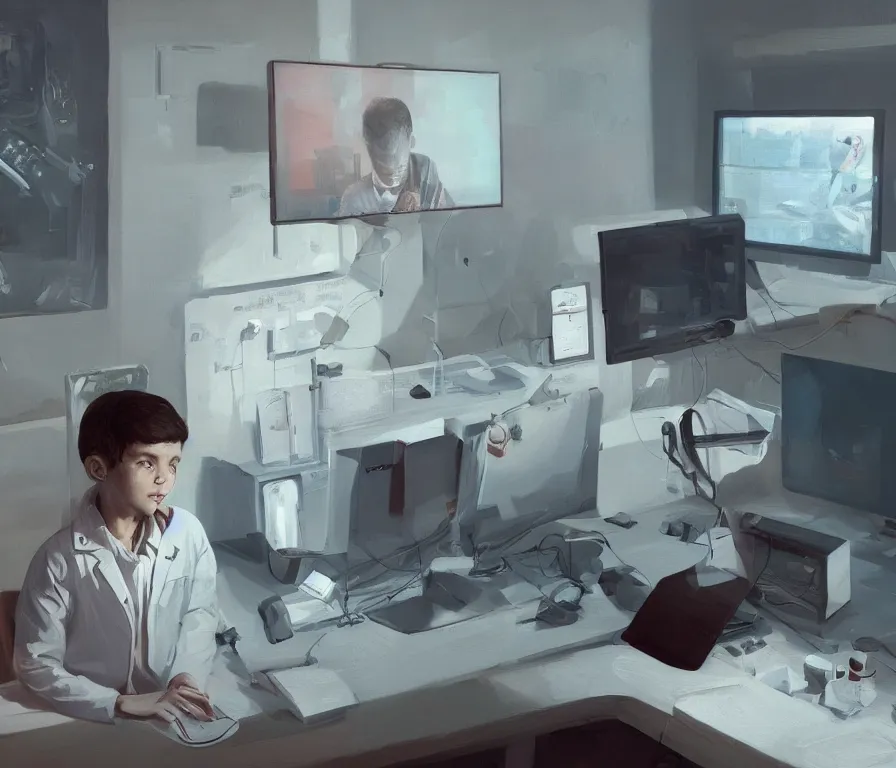 Image similar to a portrait of single smart child in a white coat in front of a computer and screens in a painting from stalenhag, 4 k, 8 k, hdr, artstation