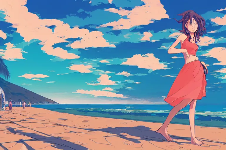Image similar to woman laura stein at a beach watching a nuclear bomb test, digital art, by dan mumford, by makoto shinkai, anime style, half body shot, ponytail, vector art