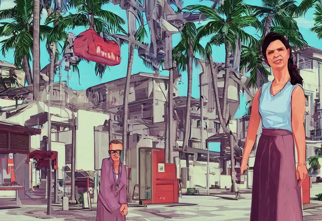 Prompt: saint mary mackillop in grand theft auto loading screen, gta art style, illustration, beach, miami, vice city