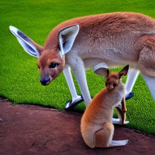 Image similar to a kangaroo play with Chinese rural dog by Bruno Liljefors, dog paw shaped cloud, blue sky, garden,