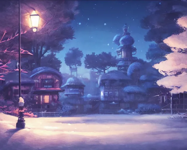 Image similar to scenery artwork, scene beautiful, light!! light essential calm and cozy winter world snow and night, surrealism oil on canvas, artstation!! pixiv!! dream scenery, quality studio ghibli projection render, nier automata concept art, vaporwave textures