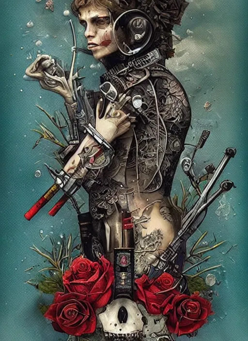 Image similar to tarot card :: horror :: hearts and roses :: aliens and sea :: cigarettes and smoke :: gold and silver :: guns and swords :: highly details :: intricate details :: Sandra Chevrier and bastien lecouffe deharme