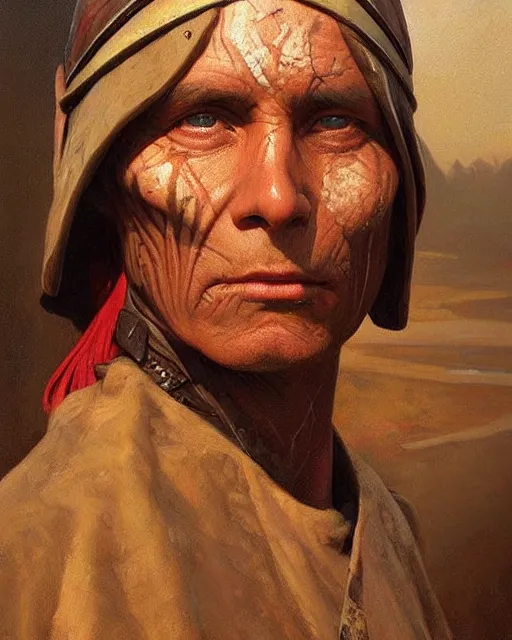 Prompt: an old sioux warrior, scars on his face, oil on canvas, artstation, by j. c. leyendecker and edmund blair leighton and charlie bowater, beautiful face, octane, very aesthetic!!!!!!!!!!!!!!! stunning gorgeous big eyes
