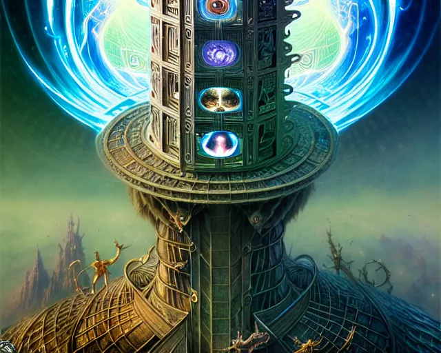 Image similar to the tower tarot card, fantasy character portrait made of fractals facing each other, ultra realistic, wide angle, intricate details, the fifth element artifacts, highly detailed by peter mohrbacher, hajime sorayama, wayne barlowe, boris vallejo, aaron horkey, gaston bussiere, craig mullins