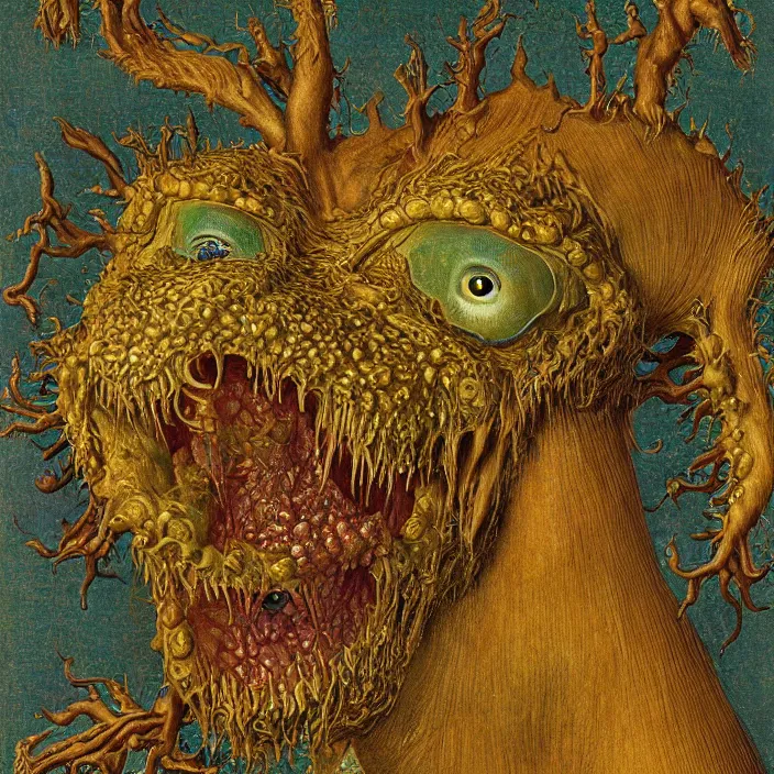 Image similar to close up portrait of a mutant monster creature with pulsating, phosphorescent, iridescent fractal protuberances. by jan van eyck, walton ford