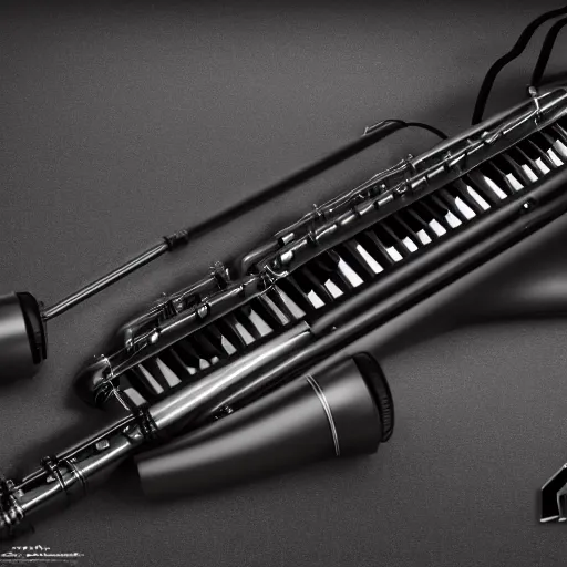 Prompt: product photography, electronic wind instrument, matte black keys, all black matte product, realistic, hyperdetailed, realistic lighting, replica model, octane render, unreal engine 5, distant shot, volumetric light