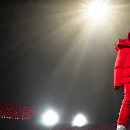 Prompt: kanye west wearing a red puffer jacket and red pants, standing in a stadium, white light shining on him
