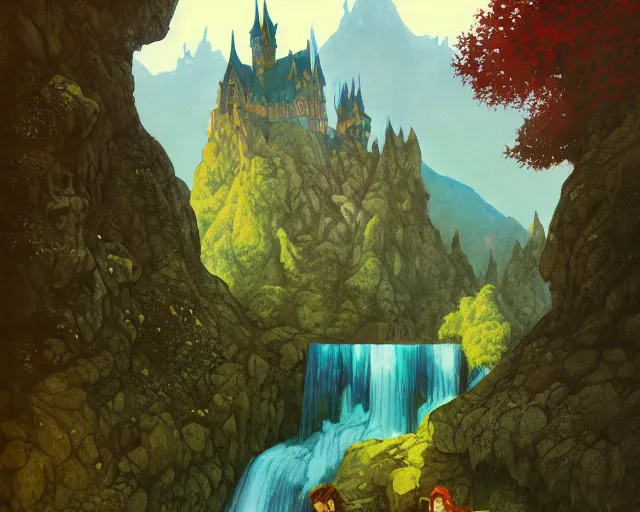 Image similar to gouache masterpiece depicting Idyllic fantasy landscape, waterfalls, castle, willows, mystical, magical, Edmund Dulac and Andreas Rocha, Hyperdetailed, stylized, Artstation