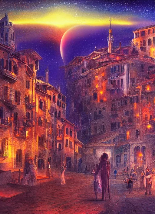 Image similar to ethereal starlit city of magic lost in time at sunset, italian futurism, da vinci, hd, digital painting