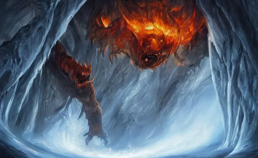 Image similar to a hyper-realistic oil painting of Balrog in the caves of Moria; swirling sheets of light and fire; hyper-detailed; an extraordinary masterpiece!!!; flawless; trending on artstation