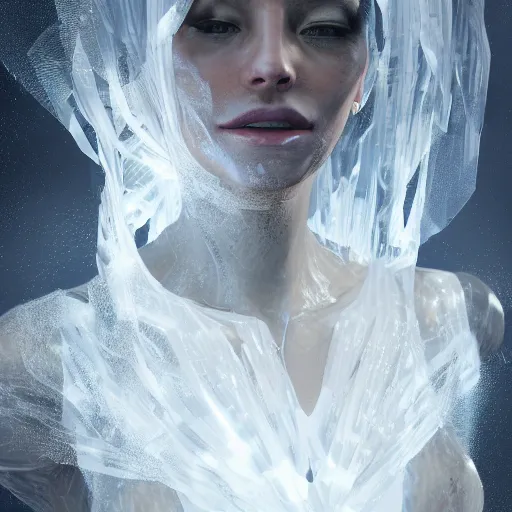 Image similar to a highly detailed digital image of a futuristic woman elegantly wrapped with ice shards, by Andrea Chiampo, artstation and Frederik Heyman, extremely detailed woman, stunning volumetric lighting, hyper realism, fantasy 4k