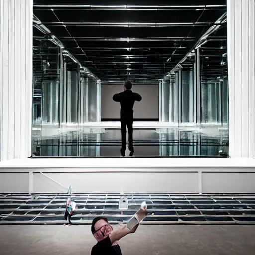 Prompt: a man taking a selfie in front of a large room with mirrors on two walls and concrete on the other two walls, a pond in the center of the room surrounded by upholstered sofas, a tilt shift photo by leandro erlich, featured on cg society, kitsch movement, hall of mirrors, high dynamic range, studio portrait