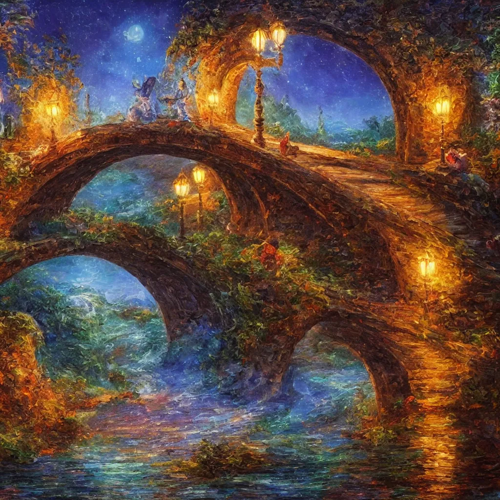 Prompt: 3 d high relief painting of fairyland bridge, outside of time and space, dreamy, romantic, night lighting, expressive impressionist style, highly detailed, 8 k