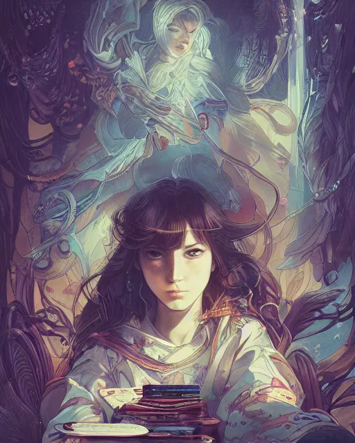 Image similar to a girl shuffling cards, midshot single subject, art poster, ambient lighting, detailed, by ayami kojima, makoto shinkai, kilian eng