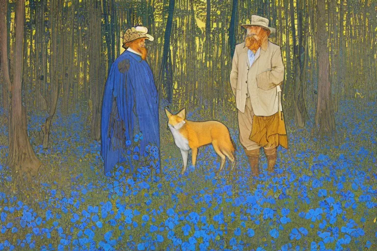 Prompt: landscape art nouveau painting of an old man dressed as a farmer and his fox in the forest, by alphonse mucha and gustav klimt and antoni gaudi, masterpiece,, warm shades of blue, silver, orange, gold, and pink, oil painting, high resolution, very detailed, oil on canvas, trending on artstation