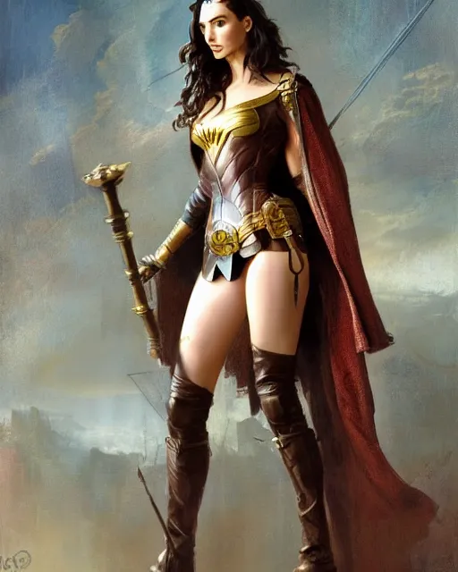 Image similar to highly detailed steampunk gal gadot standing, cape, staff : leonardo da vinci, greg rutkowski, magali villeneuve